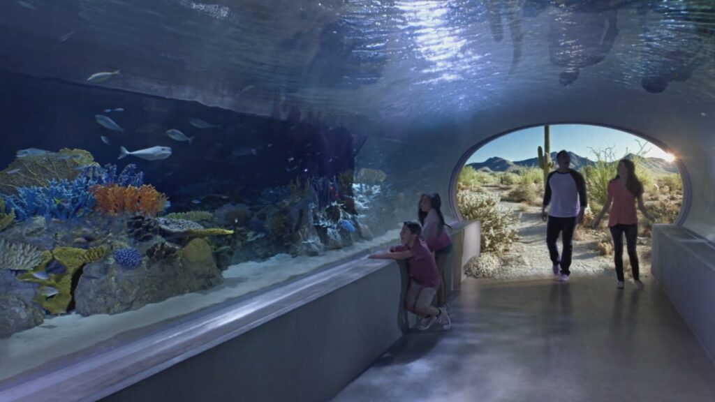 Odysea Aquarium tunnel with people entering from desert scape