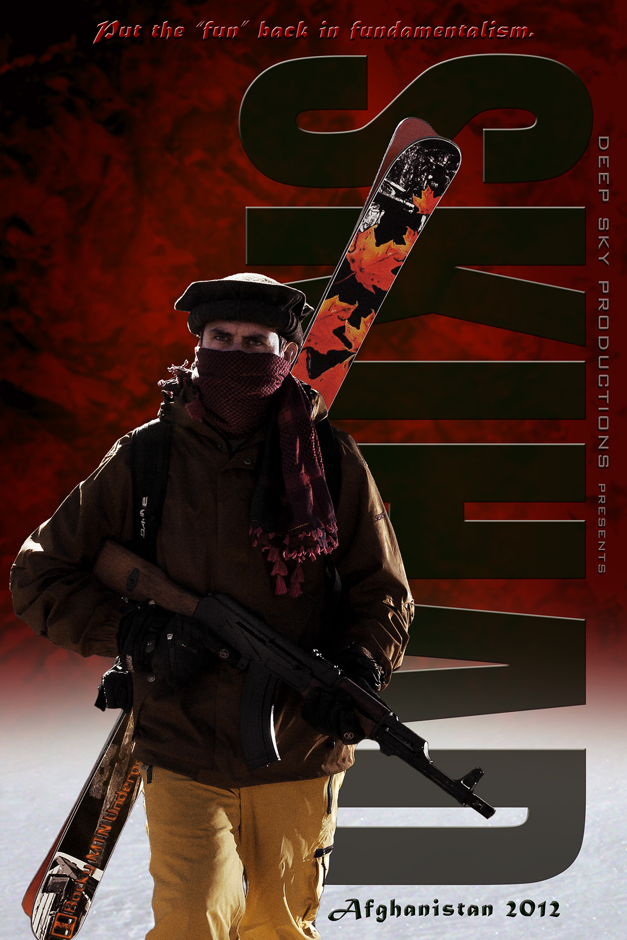 Poster of the short, Skihad featuring a tribal man on skis with a rifle in his hand and a red background behind him