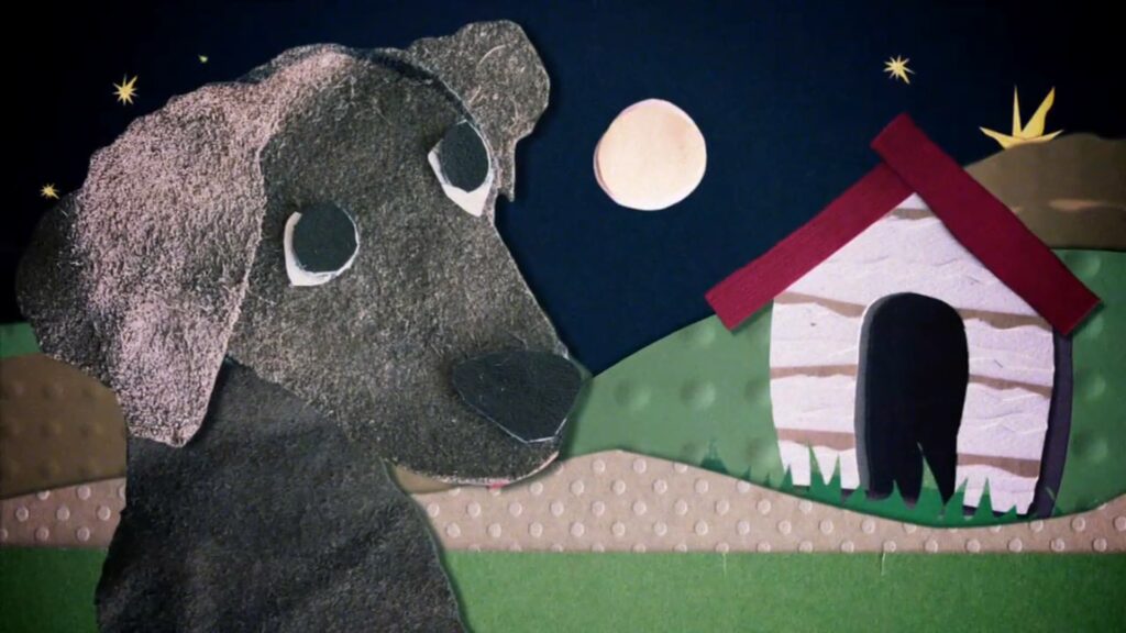 Animated dog in front of night setting and dog house